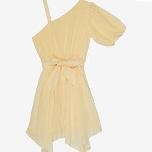 HABITUAL Yellow Polka Dot Puff Sleeve Tie Waist One Shoulder Dress Girls Size 16